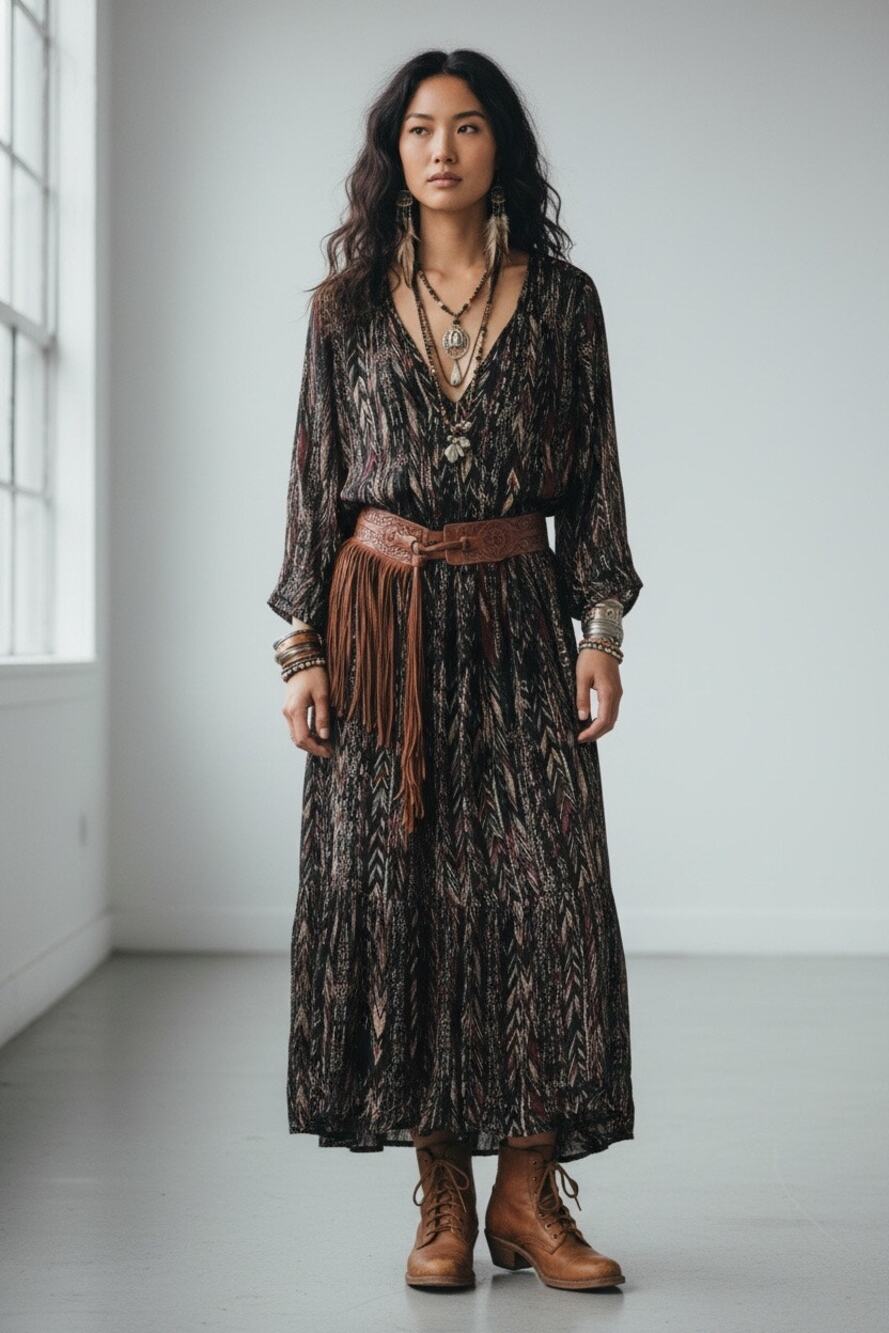 Women’s Romans Plus Size Boho Hippie Rayon Maxi Long Sleeve Dress Black Print 1X